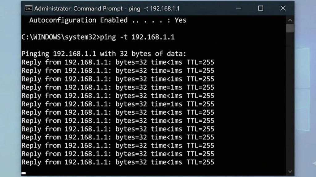 màn hình Command Prompt đang chạy lệnh ping