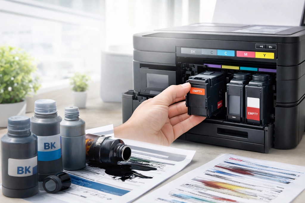 Máy in hết mực hoặc sử dụng không đúng loại mực