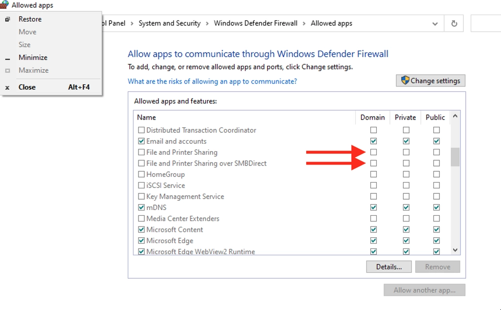 cửa sổ Windows Defender Firewall, mục 